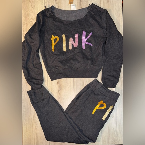 Victoria’s Secret pink bling sparkle sparkly jogger sweatpants crew sweatshirt - Picture 1 of 7